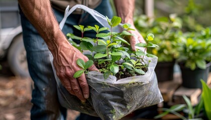 A man holding a bag of seedlings