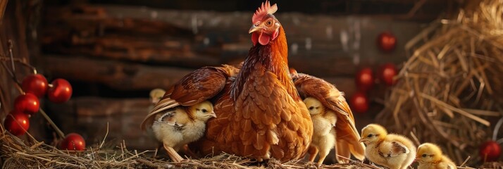 A mother hen is sitting on a nest of hay with her chicks huddled around her. - obrazy, fototapety, plakaty