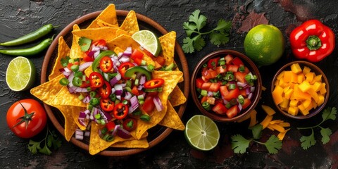 Celebrate Cinco de Mayo with a vibrant Mexican fiesta, featuring authentic nachos, spicy chili peppers, refreshing limes, and the warmth of a traditional Mexican background.