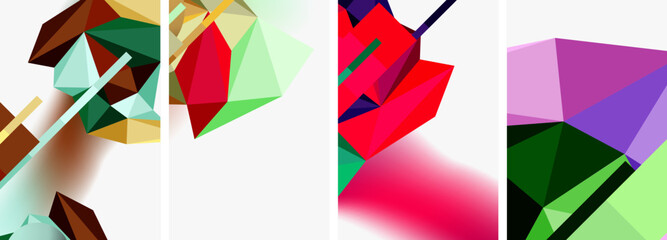 A visually appealing composition featuring a magenta triangle, four different colored geometric shapes, and a patterned textile design on a white background, blending art and creative arts