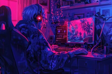 Elderly professional gamer playing online games computer purple adult illuminated.