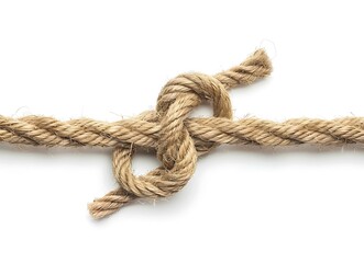 Tied knot of jute rope on white background closeup view