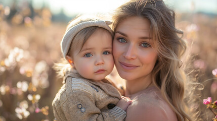 Obraz premium Family portrait with daughter and small toddler, baby, outdoors in spring nature.