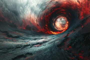Digital art of a fiery tornado with lava set in a dystopian landscape