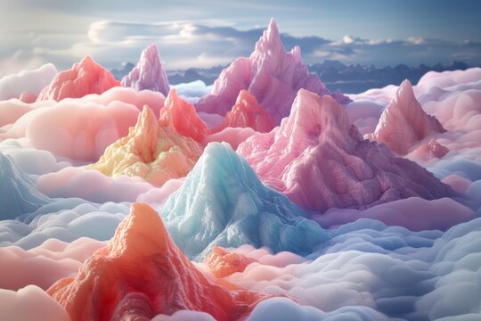 Dreamy digital art of mountains in pastel hues with a soft, cloud-like texture