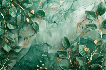 Elegant pattern with golden leaves on emerald background
