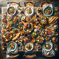 Fototapeta premium Epicurean Adventure: Top View of a Luxurious Food Array on a Timber Feast Table