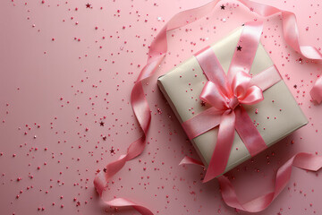 A pink gift box with satin ribbon, placed on a pastel background adorned with small heart-shaped glitter beads. Created with Ai