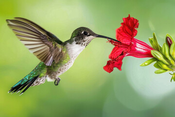 Costa's hummingbird, hummingbird in flight, hummingbird drinking from a red flower