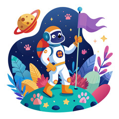 Whimsical scene of a dog astronaut planting a flag with a paw print emblem on a distant planet, surrounded by colorful alien flora