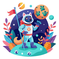 Whimsical scene of a dog astronaut planting a flag with a paw print emblem on a distant planet, surrounded by colorful alien flora