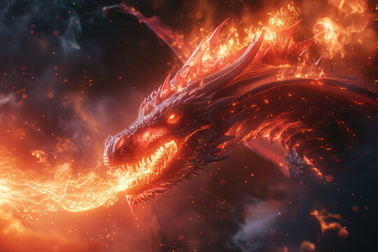  A dragon made of fire in the sky, with red scales, for an epic fantasy movie scene in the cinematic style. Created with Ai