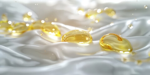 Golden yellow abstract oil bubbles or face serum background. Oil and water bubbles .golden yellow Bubbles oil or collagen serum for cosmetic product, banner poster