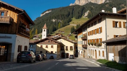 Fototapeta premium Quaint alpine village street with mountain background