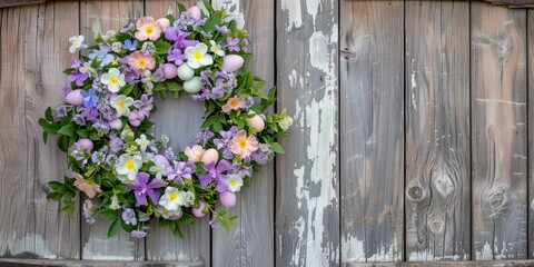 Fototapeta na wymiar A beautiful wreath hangs gracefully on a rustic wooden fence, adding a touch of charm and character to the outdoor setting.