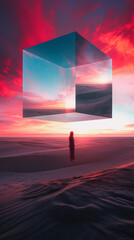 lady standing in front of surreal landscape with tesseract portal middle of nowhere, neon pink and...