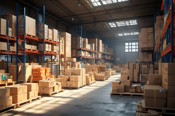 Large industrial warehouse with rows of shelves stocked with cardboard boxes. Generative AI