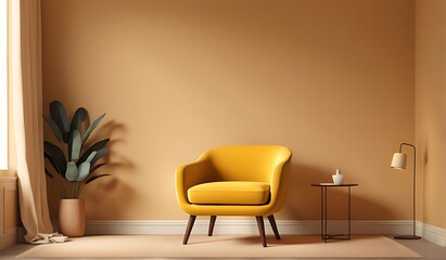 Yellow chair in minimal room mock up minimal warm tone room 3d illustration rendering
