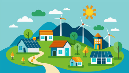 A remote village powered solely by solar and wind energy creating a selfsufficient and ecofriendly community.