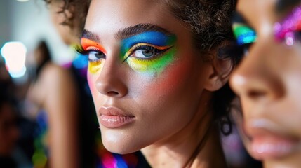 Vibrant Rainbow Eye Makeup on a Fashionable Woman