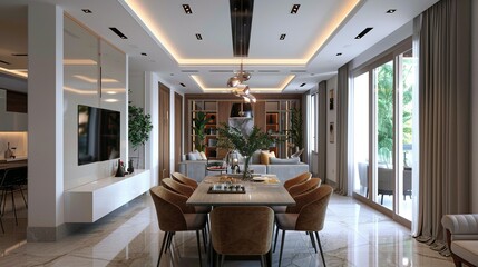 Classic Fusion: White and Brown Dining & Living Room Décor