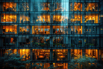 Nighttime view of an office building with rows and columns filled with busy workers, illuminated by the lights from their desks. Created with Ai