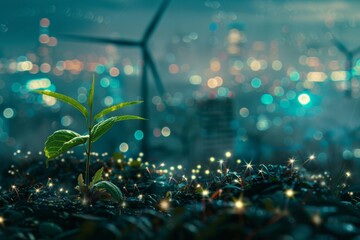 green plants and wind turbines with glowing lights on a city background