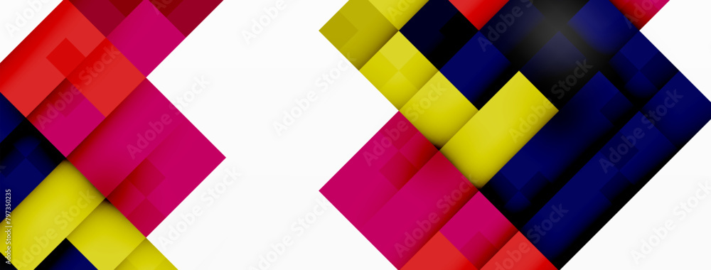 Poster a vibrant geometric pattern featuring red, yellow, and blue rectangles on a white background. the co