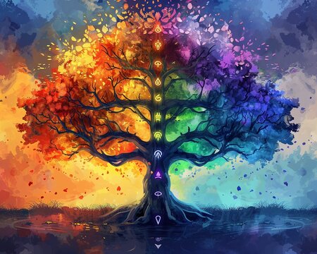 Serene illustration of the Tree of Life, crafted with meditation chakra symbols, offering a bright and peaceful visual meditation experience