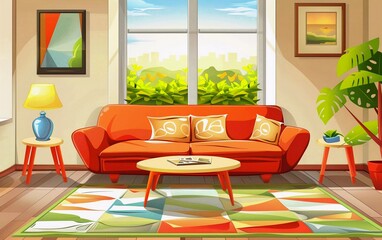living room interior with furniture cartoon vector illustration	