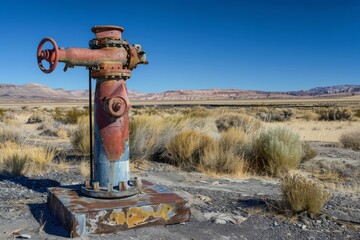 Lone Weathered Water Pump Standing in a Vast Desert Landscape Under a Clear Sky