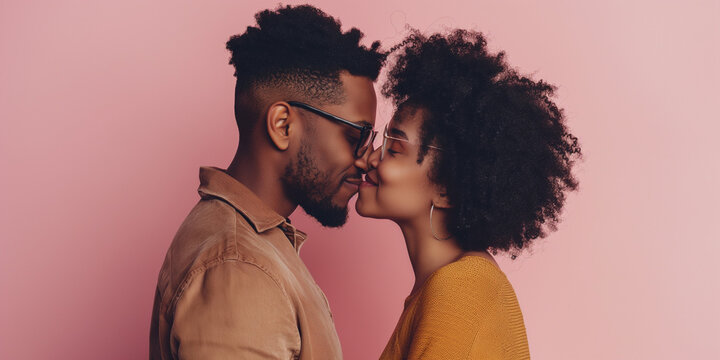 International Kissing Day, july 6, close up of a black african american couple kissing with curly afro on pink background with copy space - Powered by Adobe