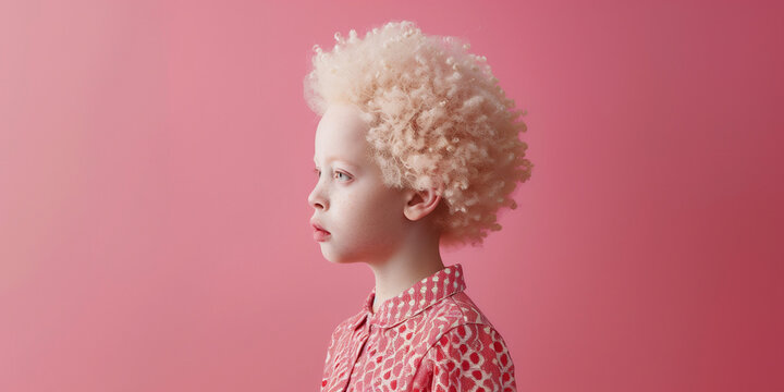 International Albinism Awareness Day, albino day, beautiful albino kid on pink wallpaper with copy space