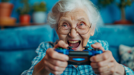 funny crazy old lady playing video game on black bacgkround