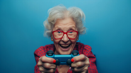 funny crazy old lady playing video game on black bacgkround