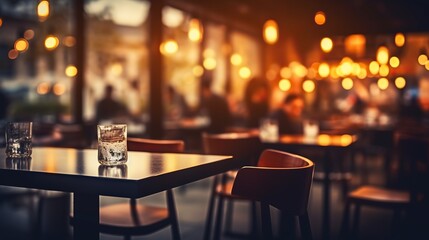 A relaxing table with a blurred cafe background with bokeh lights