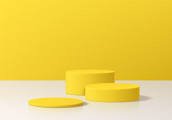 3D round product podium background in yellow with white floor empty space. Abstract composition in minimal design. 3D studio showroom product pedestal, Fashion showcase mockup scene. Banner cosmetic.