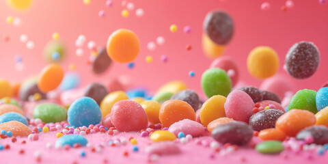Fototapeta na wymiar Colourful candies falling in air, National Candy Day wallpaper with copy space