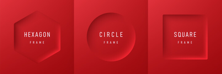 Naklejka premium Set of hexagon, circle and square 3D frames on vibrant red background. 3D minimal neumorphism frames background with copy space. Top view product display. Light and shadow empty space. Vector EPS10.