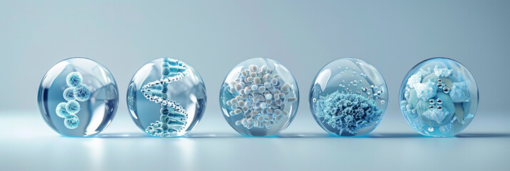 five glass spheres with containing different seed elements such as DNA and natural water inside the same sphere. 