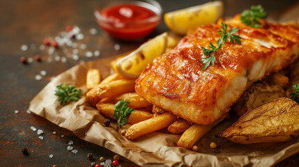 national fish and chips day, fish and chips in plate on brown background, 