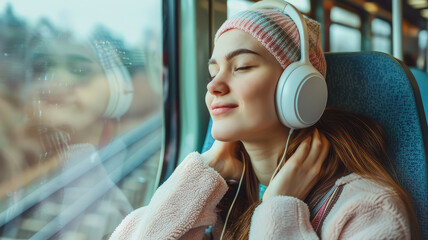 Happy teen passenger listening to the music traveling in a train and looking through the window