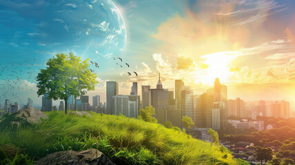 City and earth with nature green
