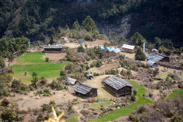Obraz premium Beautiful Tibetan Mountain Village With Green Field.