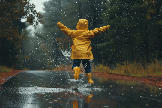 Close up Child in rubber boots and yellow raincoat jumping in puddle