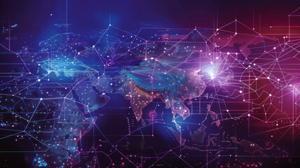 Asia map depicting global connectivity, data transfer, business exchange, and tech advancement. Concept Global Connectivity