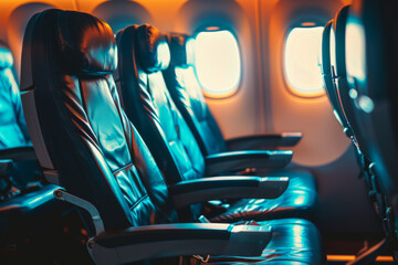 Empty passenger seats in cabin of the aircraft. Plane interior. Business class
