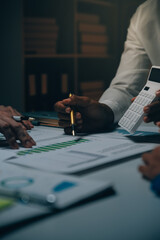 Business team meeting present, investor colleagues consultation and conference new strategy plan business and market growth on financial document graph report, Meeting and Talking.