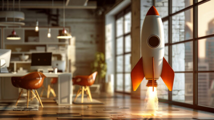 Innovative business success by rocket launching from a modern office