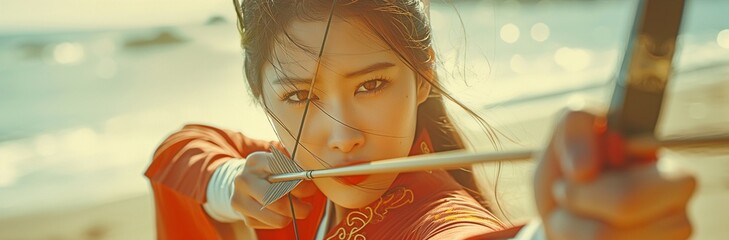 Asian woman archer practicing bow shooting on a seashore